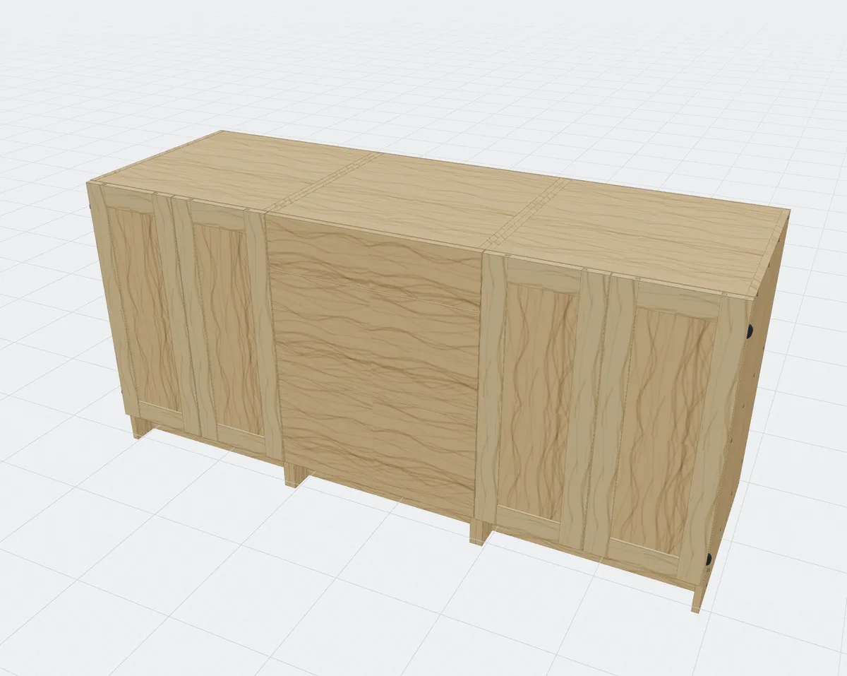 A run of three base cabinets: a pair of shaker doors, a bank of three drawers, and another pair of shaker doors.