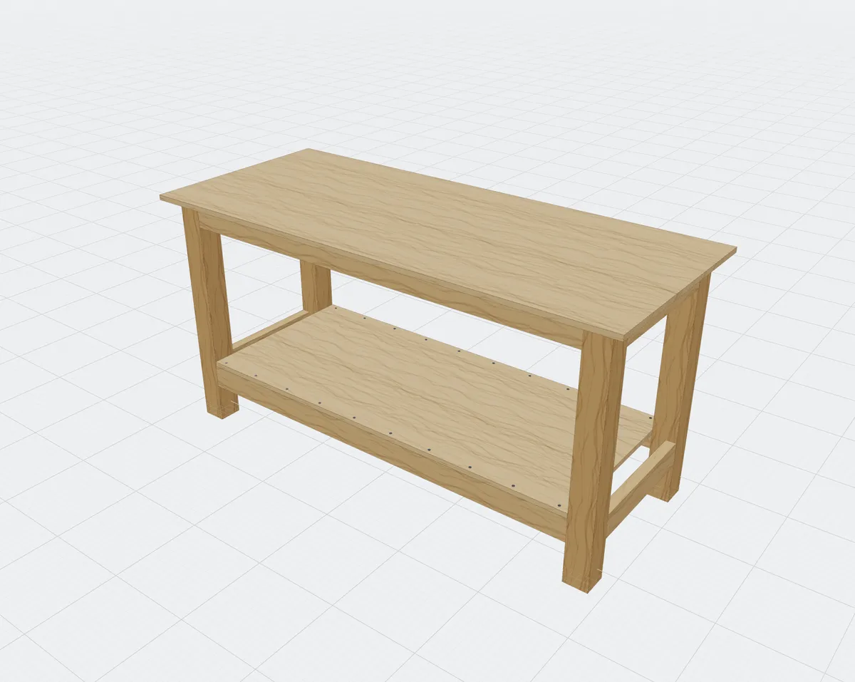 A workbench with four legs, aprons, low stretchers and a lower shelf.